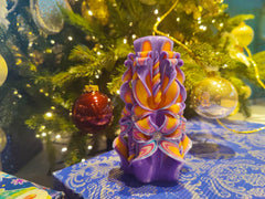 Ordagio Handmade Carved Candle Violet Yellow gift idea for her 6.3 inch