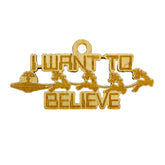 Ornament I Want to Believe raw wood 6x3in closeup