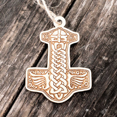 Maple wood ornament Mjölnir 3x4in side view