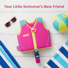 Crotch strap with neoprene padding on toddler swim vest close up