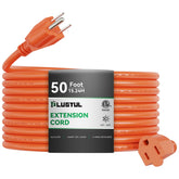 Orange outdoor extension cord 50 ft with 16/3 gauge copper conductors and NEMA5-15P/NEMA5-15R plugs