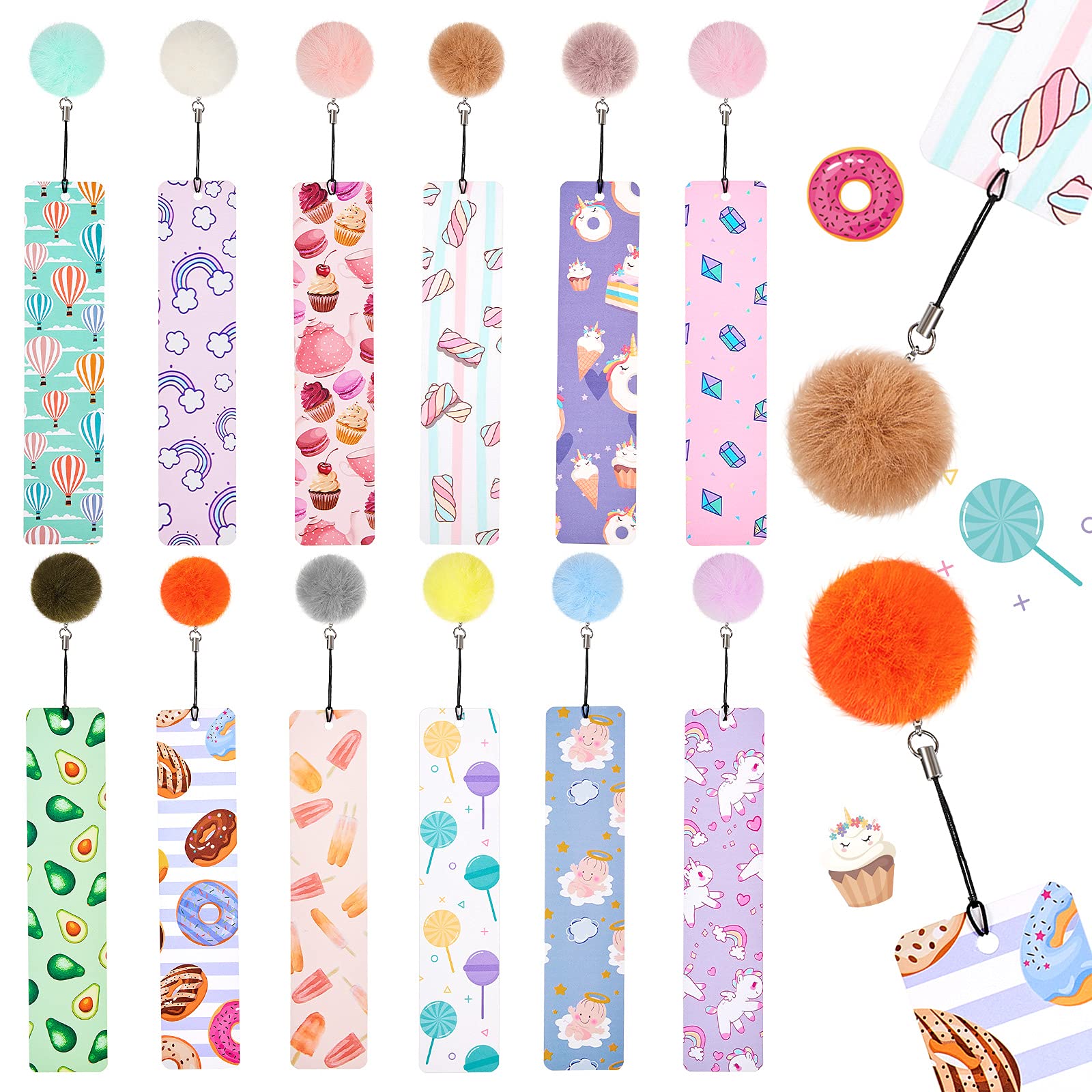 Outus 12 pack bookmarks for kids with pom pom pendants
