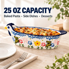 easy hold side design on ceramic casserole dish