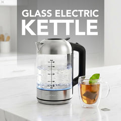 Clear glass kettle with blue LED halo lights