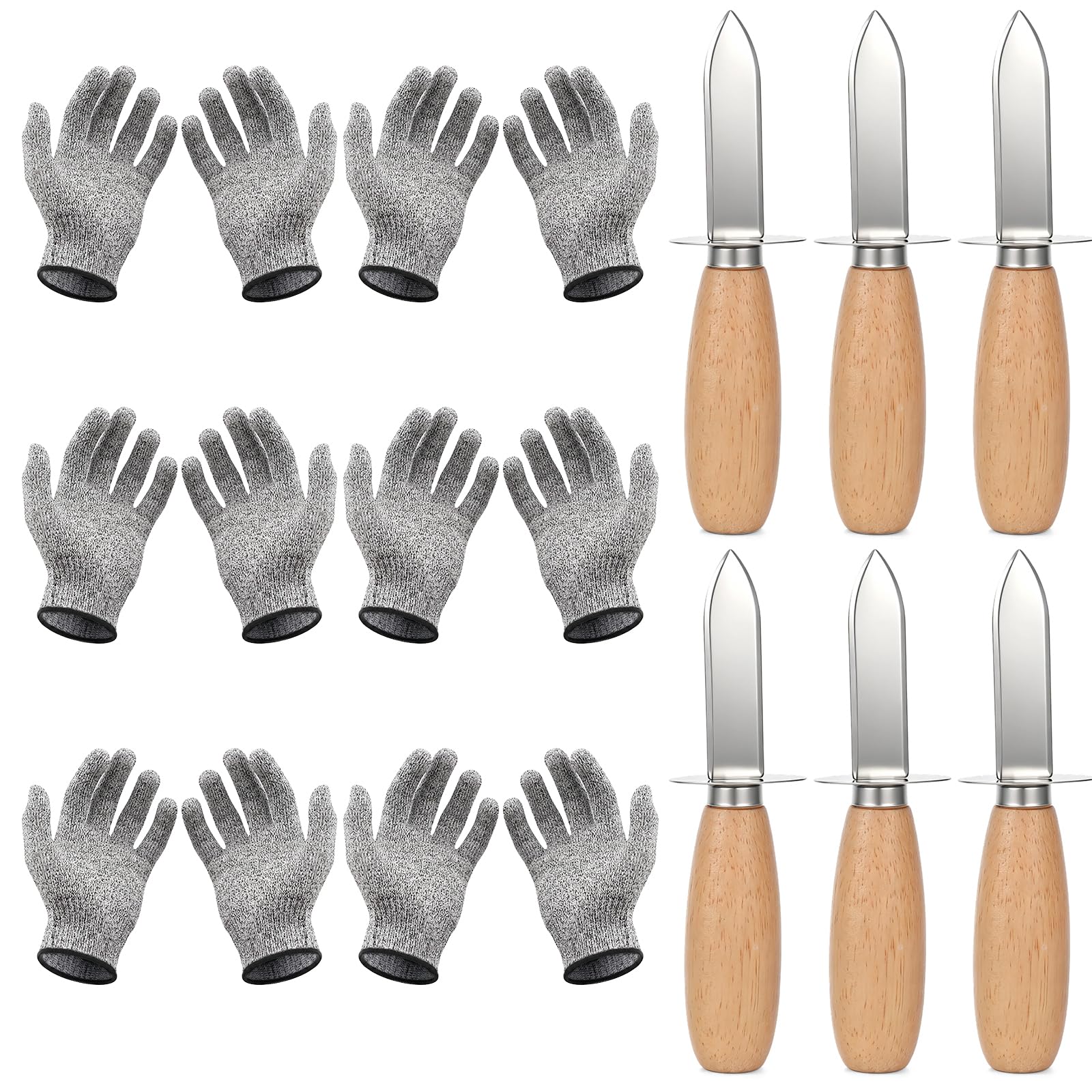 Oyster Shucking Knife Set with six knives and six gloves packaging