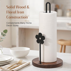 Upright paper towel holder with weighted wooden base