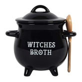 Pacific Giftware Witches Broth Cauldron Ceramic Bowl with Broom Spoon front view