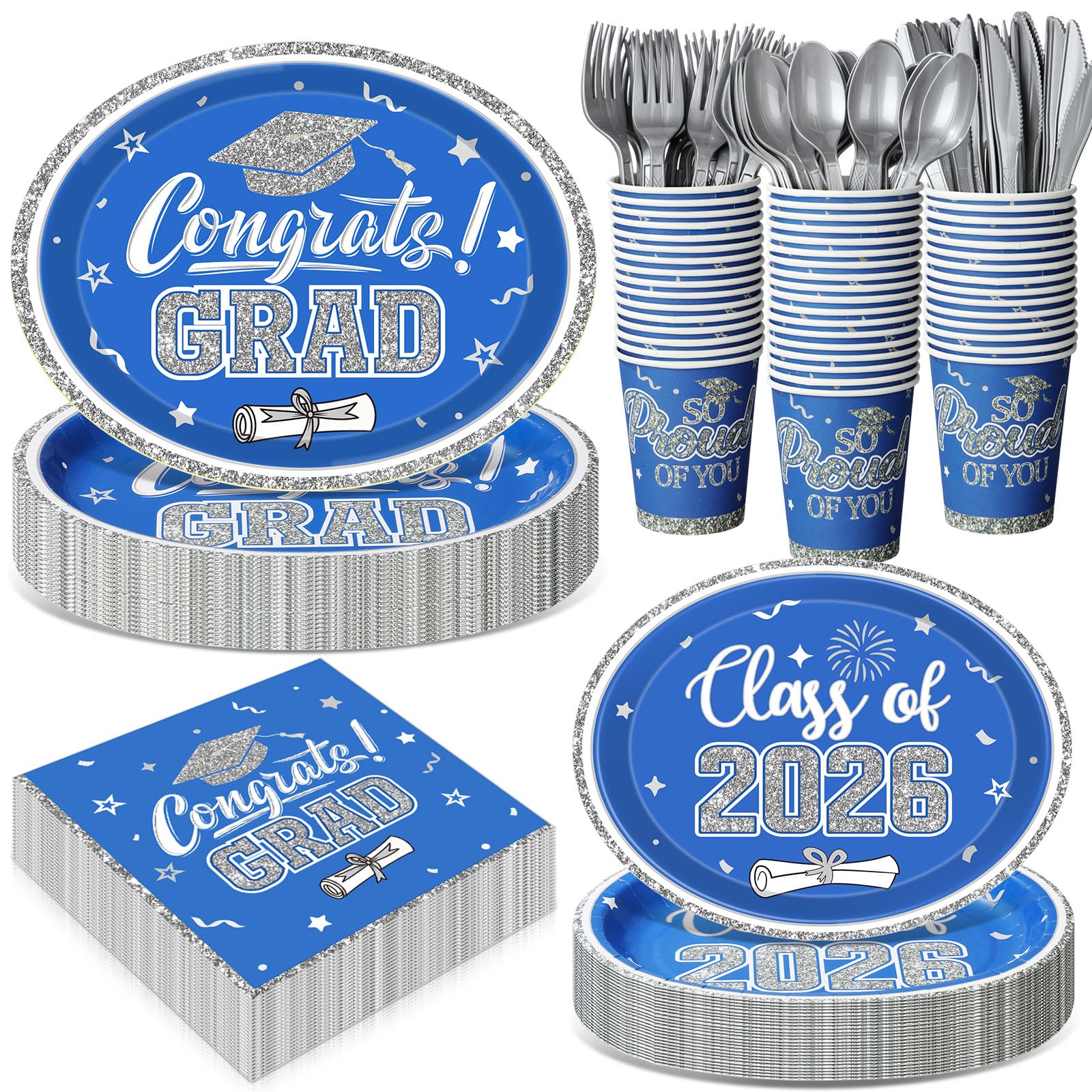 Pajean graduation tableware set blue and silver for 50 guests