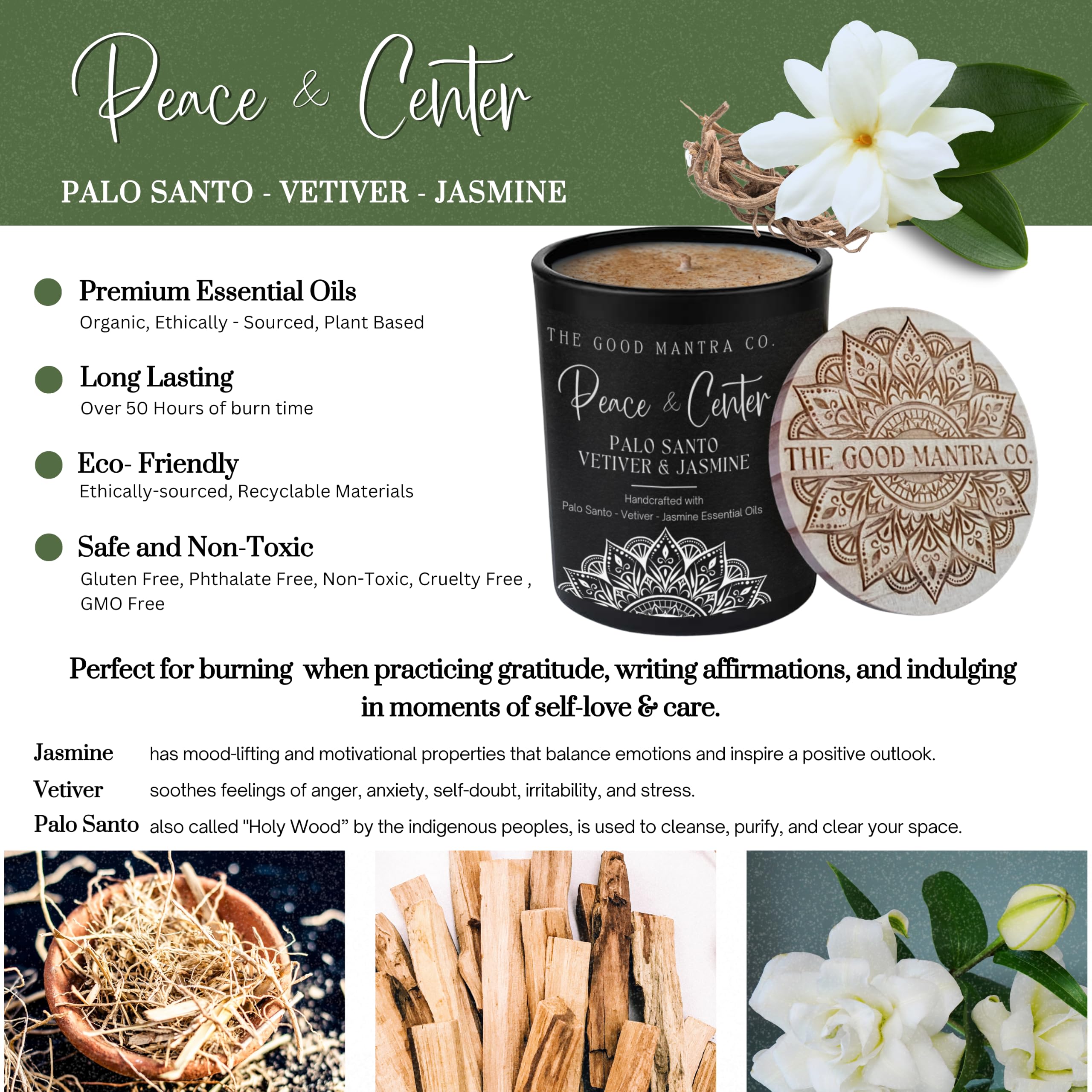 Palo Santo Jasmine Vetiver candle 7oz soy wax in reusable glass jar