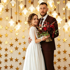 paper star garland hanging from ceiling