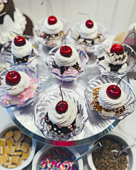 Plastic parfait cup holds the fake ice cream sundae