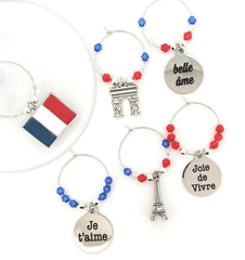 paris themed wine glass charms with france flag beads