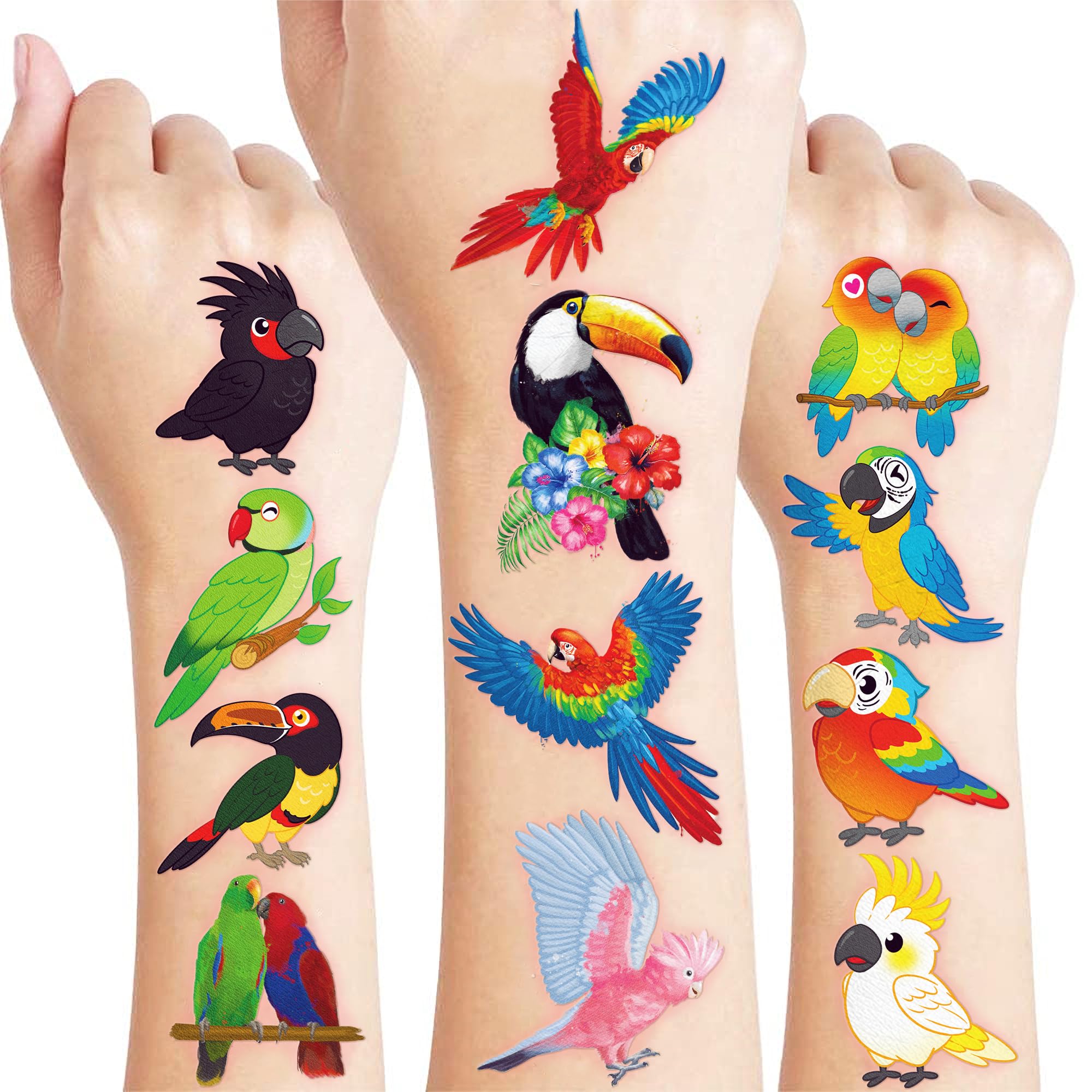 Parrot Macaw temporary tattoos set with 96 designs for kids