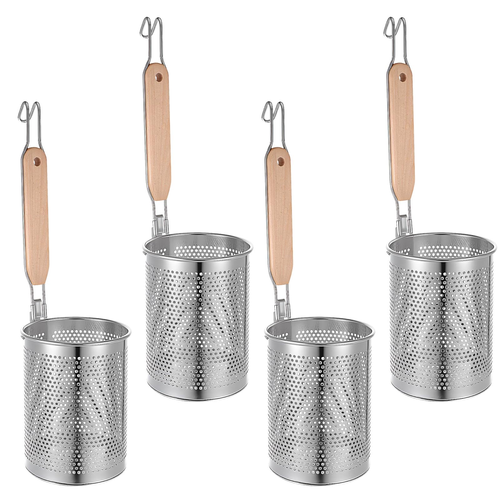 Silver stainless steel pasta strainer 15.16 x 5.51 x 4.61 inches with wood handle