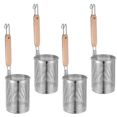 Silver stainless steel pasta strainer 15.16 x 5.51 x 4.61 inches with wood handle