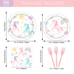 Pastel rainbow unicorn dessert plates and pink forks