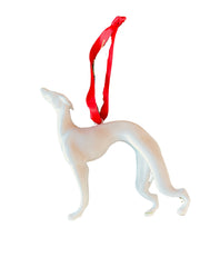 Pat The Dog white greyhound ornament size 2 by 3 inches