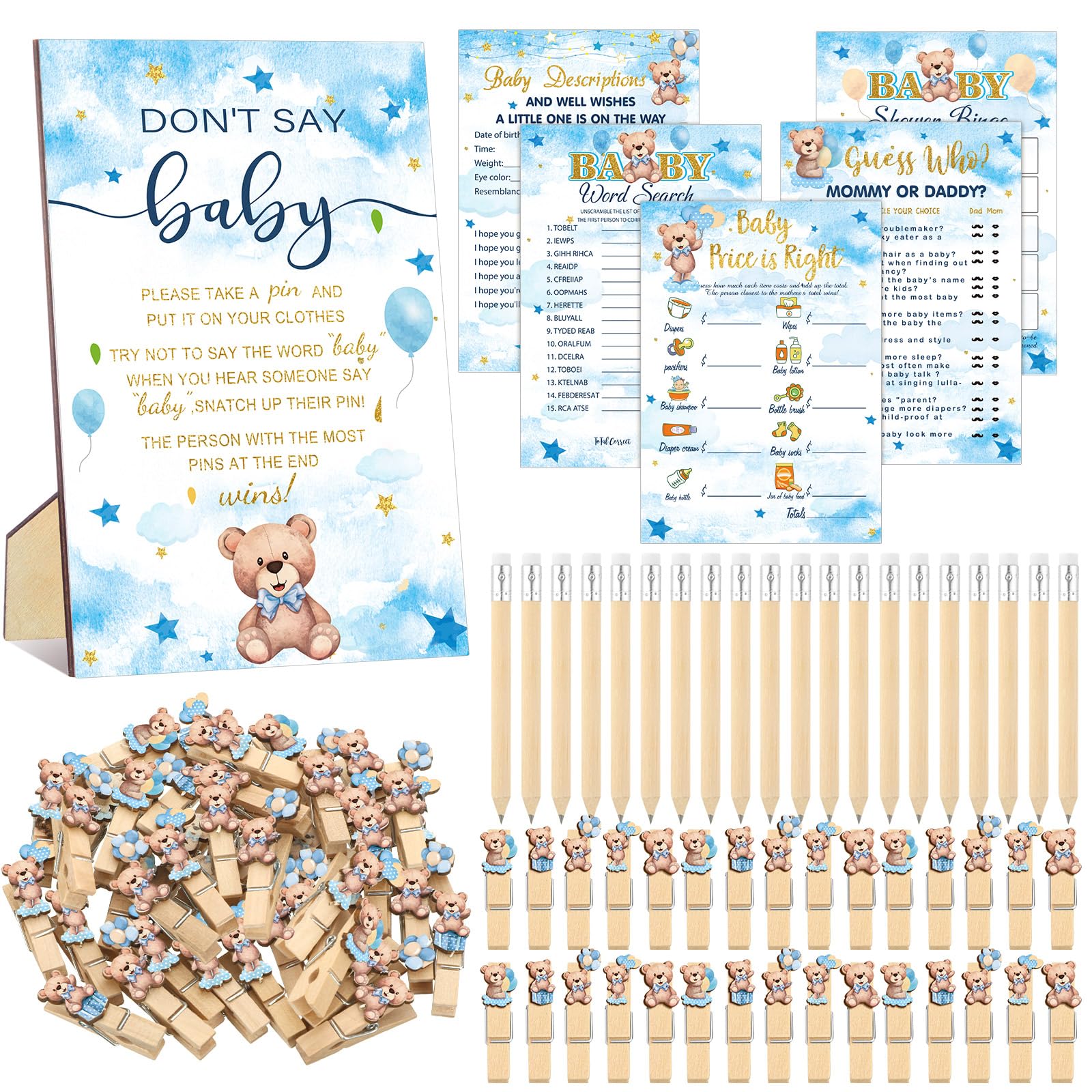 Patelai 321 blue bear baby shower decorations set on display
