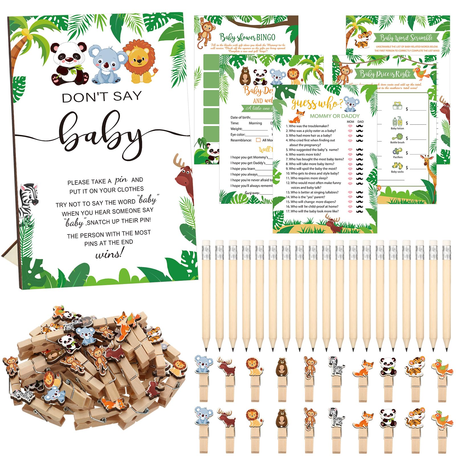 Patelai safari baby shower games cards pencils and sign