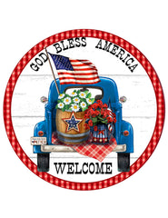 Patriotic wreath sign for front door with God Bless America theme