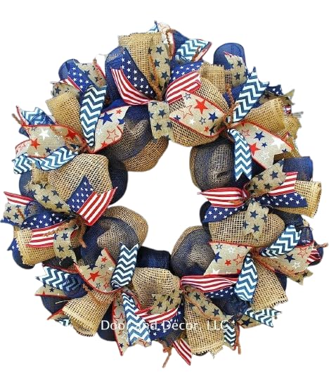 Patriotic mesh wreath 24 inch diameter handmade in the USA