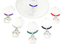 Paw Print Wine Charms set of 6 with cat paw and dog paw designs in solid multi color beads