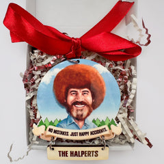 3mm MDF Bob Ross ornament size 3x3 with red ribbon and metal jump rings