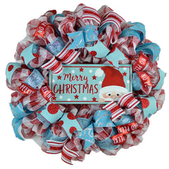Peeking Santa Claus Wreath with red white turquoise mesh for indoor or outdoor display