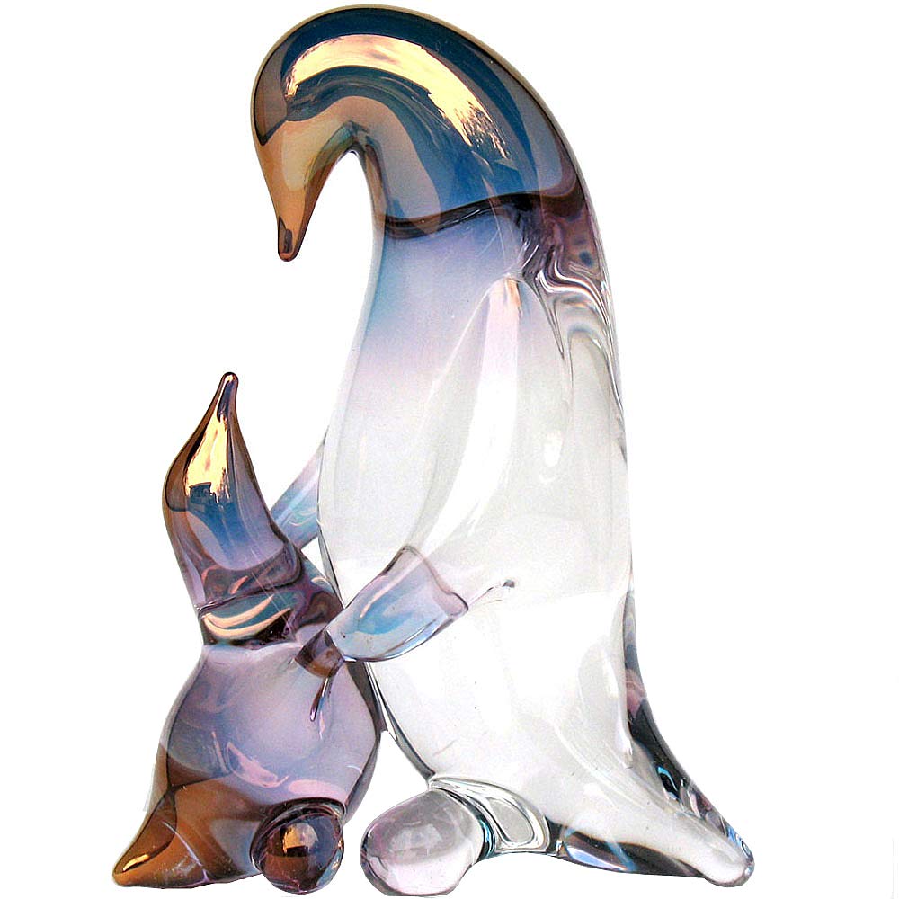 Penguin mother and baby figurine hand blown glass by Kevin Prochaska 3.5 inches tall