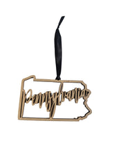 Pennsylvania Christmas Ornament made from laser cut wood with black ribbon