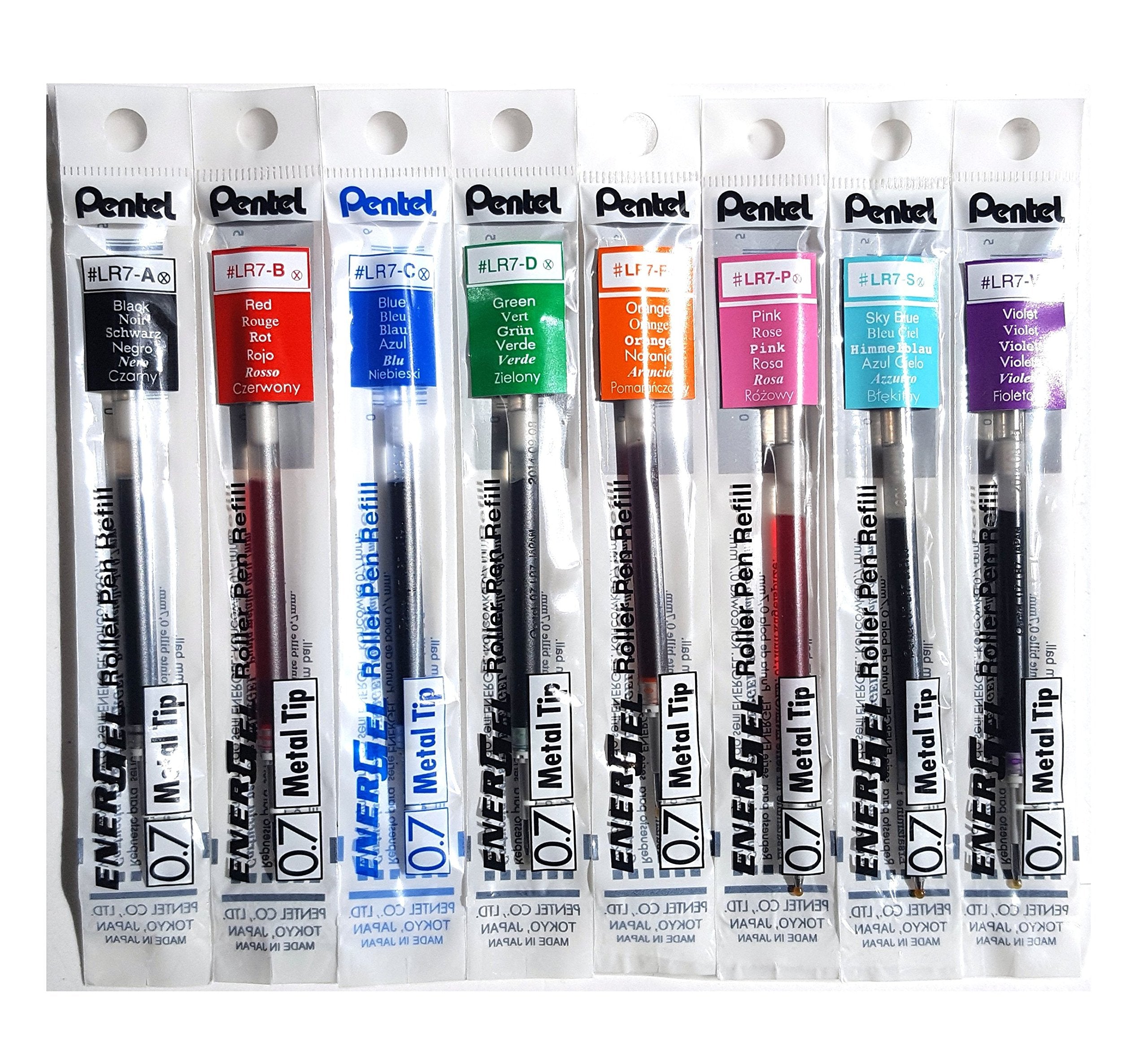 Pentel LR7 Refills for EnerGel Gel Pen 0.7mm set of 8 colors Black Blue Red Green Orange Pink Sky Blue Violet