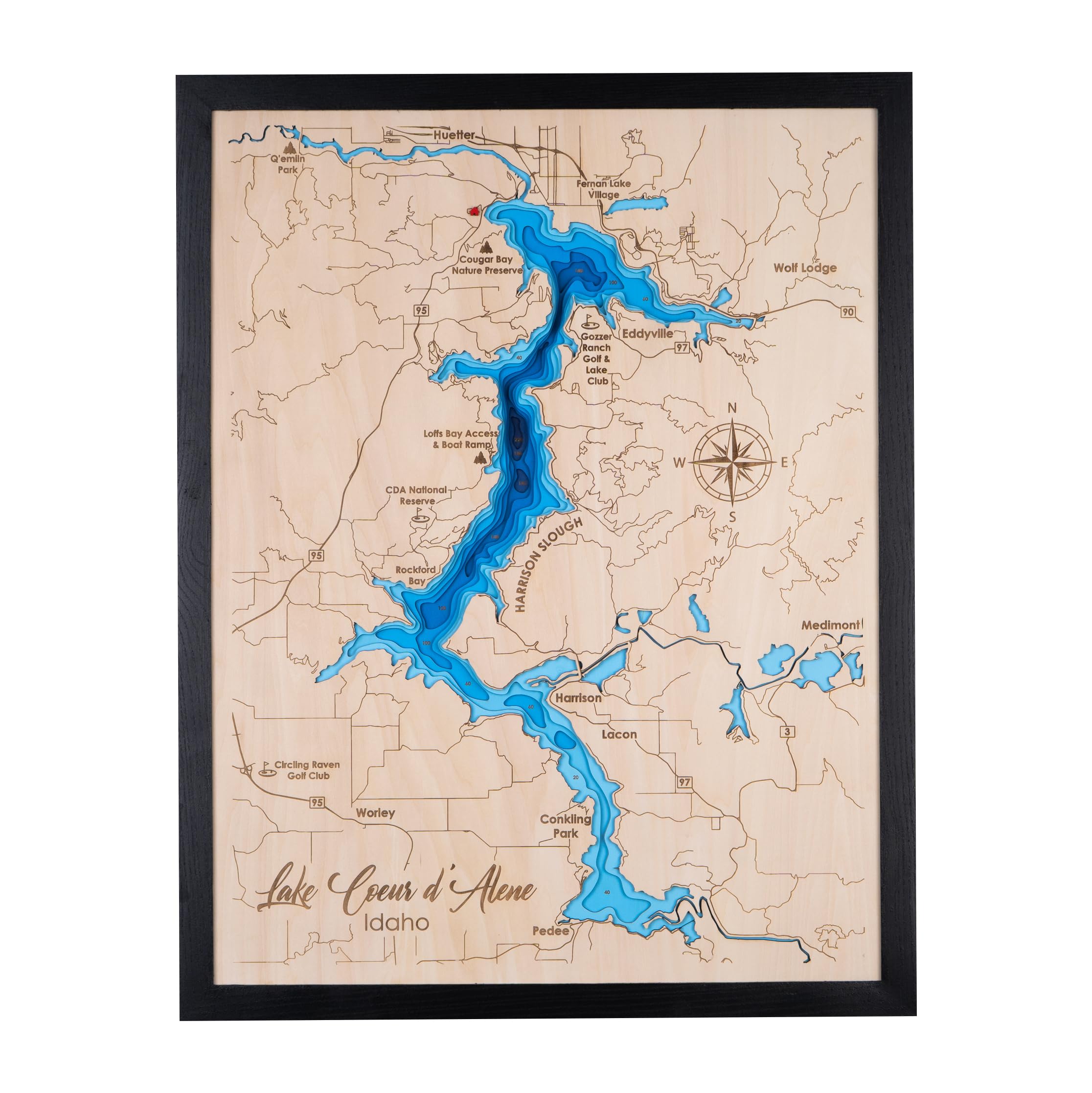 Personalized 3D Coeur D Alene Wood Map front view