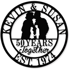 Personalized 50th wedding anniversary metal gifts sign with customizable names and dates