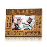 Personalized baby announcement picture frame natural wood finish