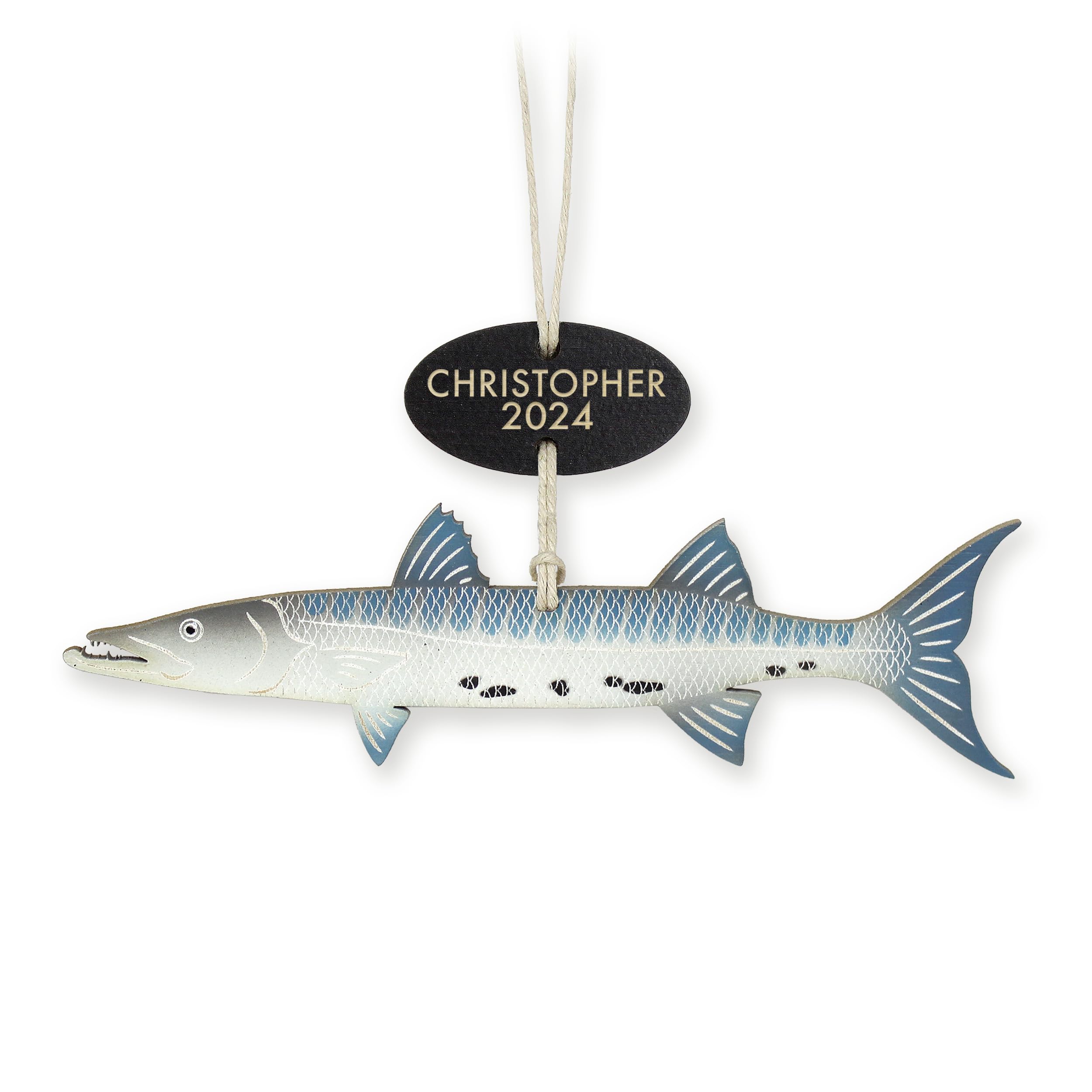 Personalized Barracuda Fish Christmas Ornament on 1/8 inch birch wood