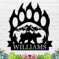 Personalized Bear Paw Metal Wall Decor with family name customization for indoor spaces