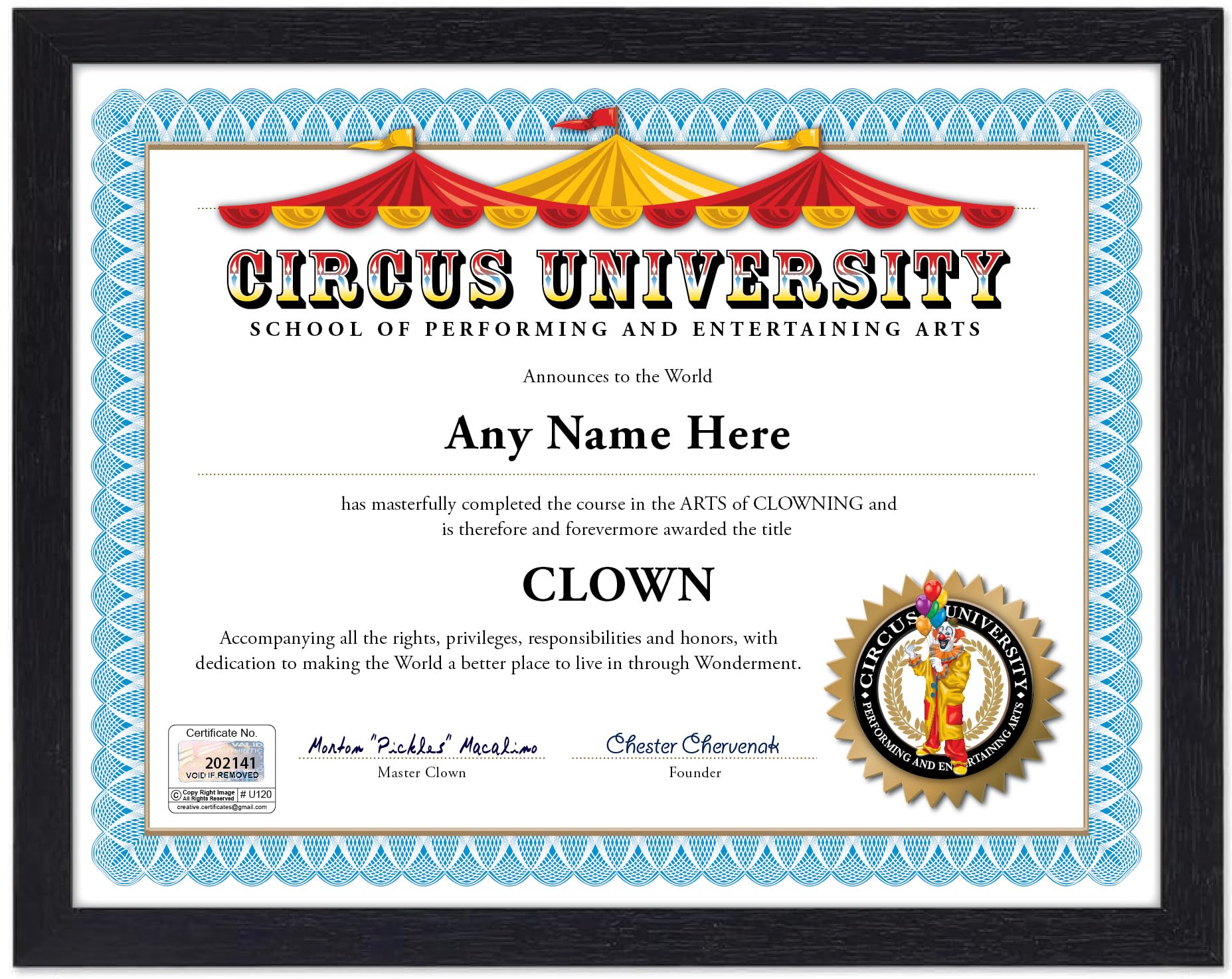 Personalized clown circus certificate front view with name customization