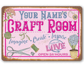 Personalized craft room sign pink sewing room decor with custom name print 8x12 aluminum