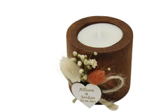 Personalized cylinder candle holder with wooden finish