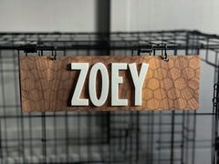 Laser cut kennel name plate mounted on walnut plywood