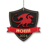 Personalized dragon shield ornament made from birch wood