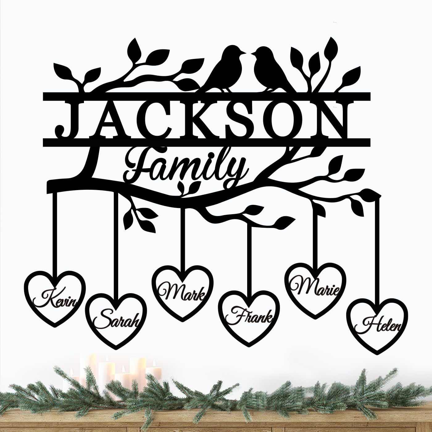 Personalized family tree sign with heart name accents on 14-gauge steel