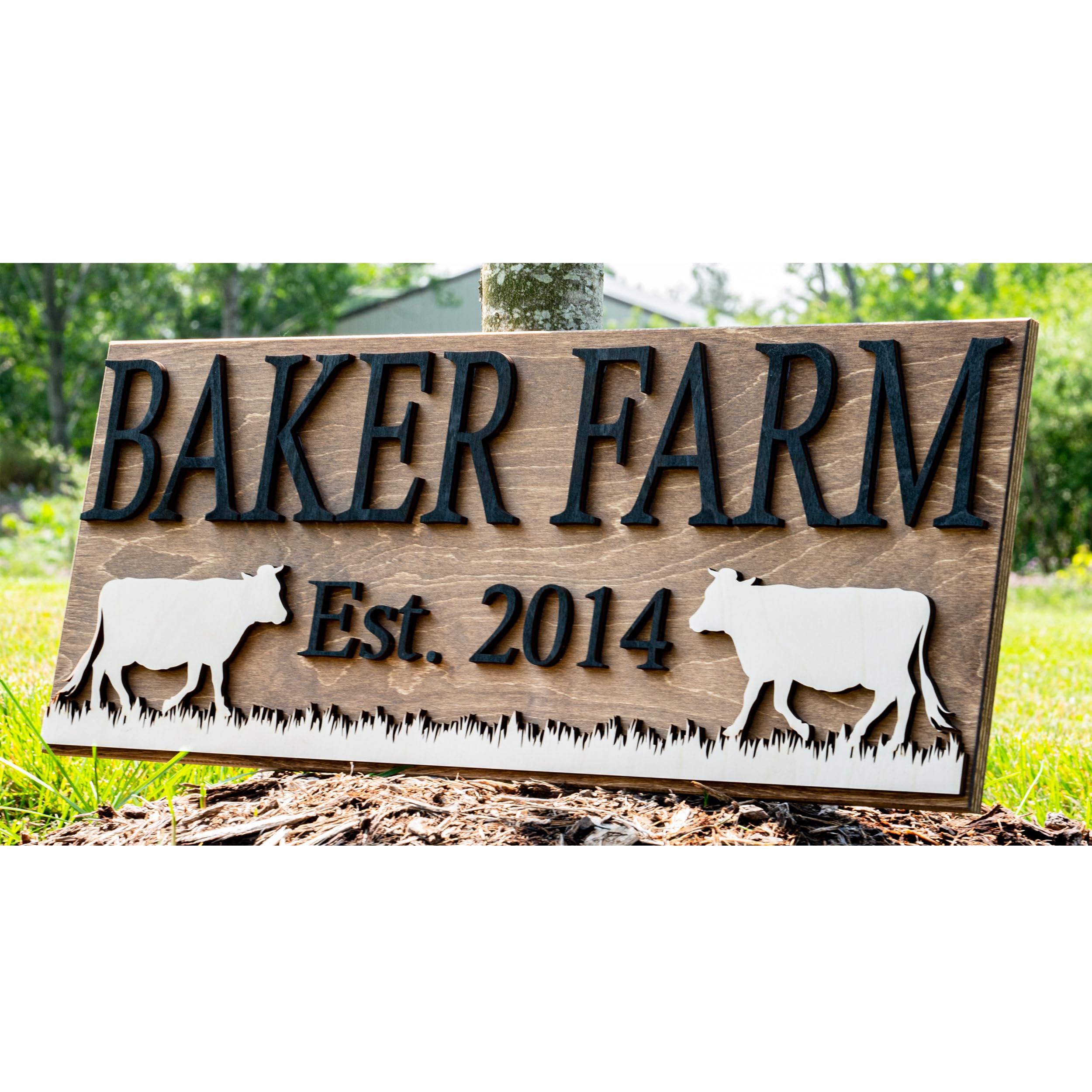 Personalized Farm Sign 9.25 x 23 inches brown Baltic birch with cows