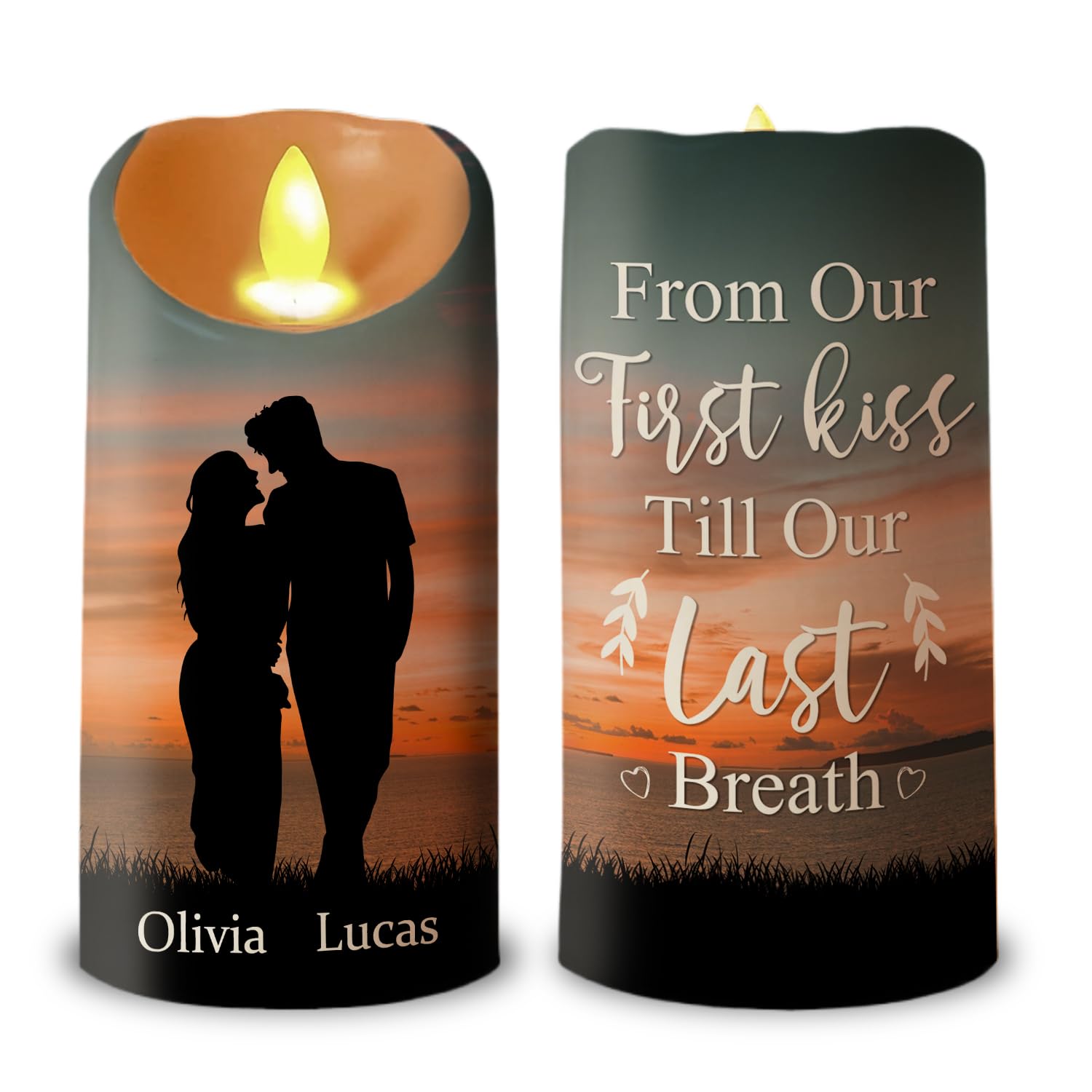 Personalized First Kiss Till Last Breath Candle for Couples 3x6 inch LED candle