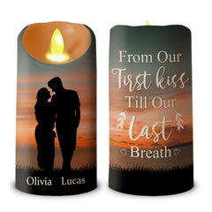 Personalized First Kiss Till Last Breath Candle for Couples 3x6 inch LED candle
