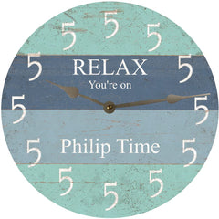 Handmade in the USA label on Personalized Five O'Clock Beach Clock