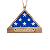 Personalized folded flag veteran memorial ornament on Christmas tree