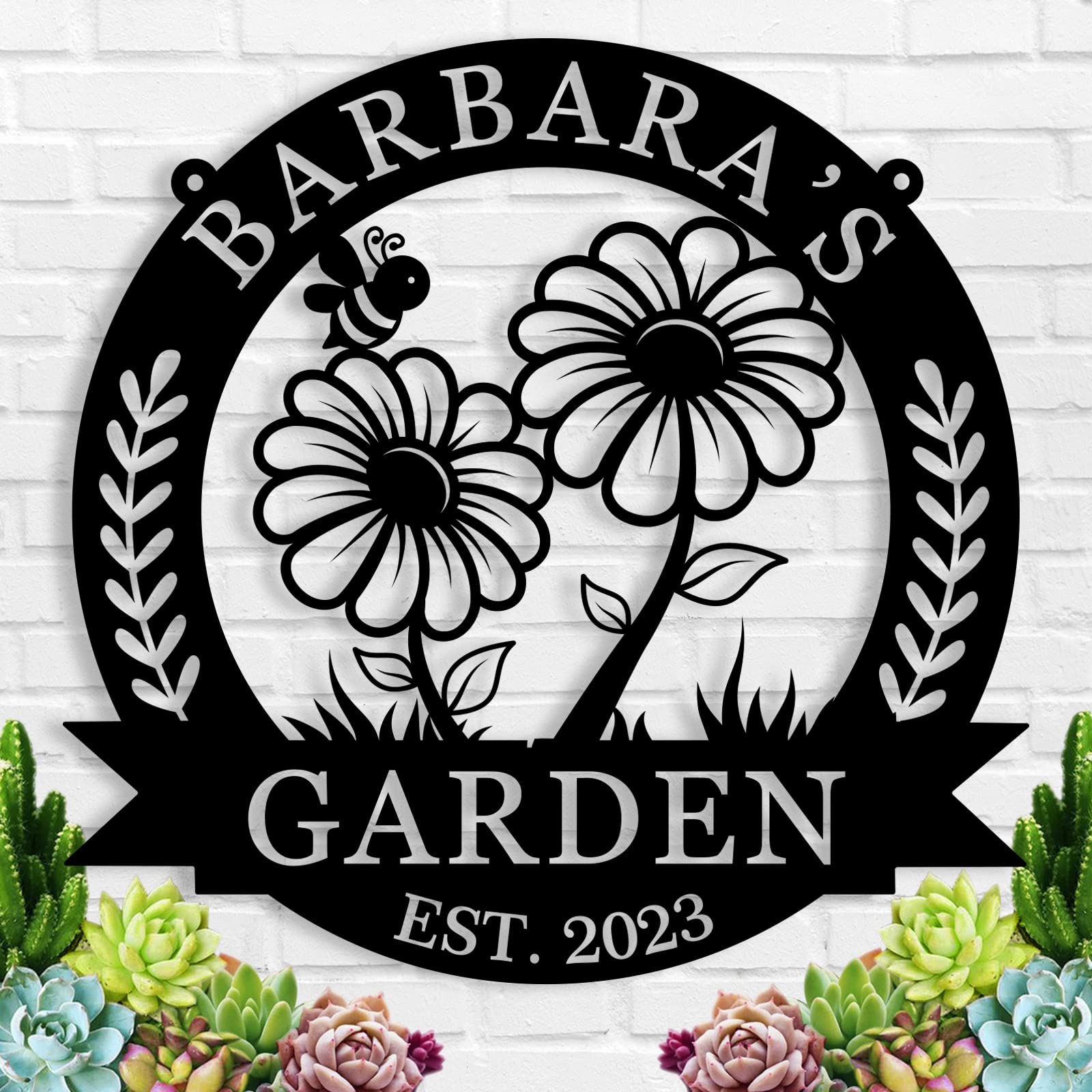 Personalized garden sign in a garden setting