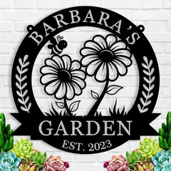 Personalized garden sign in a garden setting