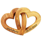 personalized interlocking wood hearts on olive wood keepsake